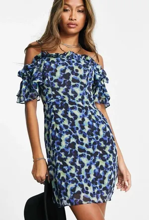 Topshop Frill Bardot Tie Off Shoulder Animal Print Mini Dress NWOT US Size 6 thumbnail 1