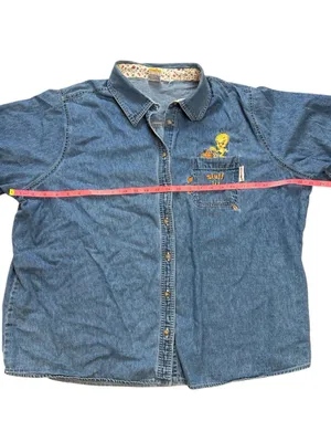 Y2K Vintage Looney Tunes Tweety Bird Stuff It Embroidered Chambray Button Down S thumbnail 7