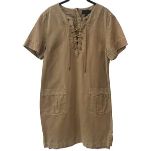 J. Crew‎ Lace up V-Neck Canvas Short Sleeve Khaki Midi Dress Safari Summer 10 thumbnail 3