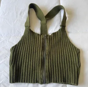 Olive Ribbed Knit Zip-Front Halter Crop Top – Windsor - Size Small thumbnail 4
