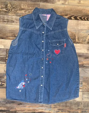 Disney Eeyore Blue Denim Sleeveless Pearl snap button up Embroidered 4th of July thumbnail 1