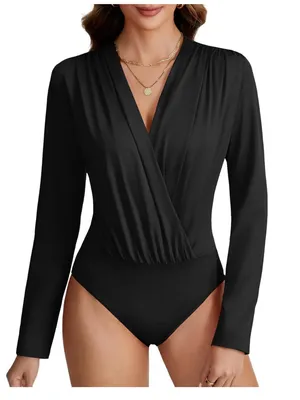 LYANER Women's Wraped V Neck Ruched Long Sleeve Leotard Bodysuit Top XL thumbnail 3