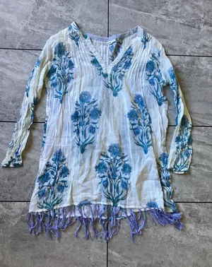 Roller Rabbit Blue Floral Block Print Cotton Tunic Top Tassels Womens Medium thumbnail 1
