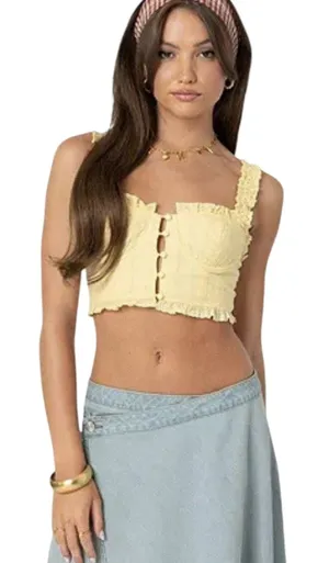 NWT Edikted Butter Yellow Button Front Cropped Eyelet Corset Top M Coquette thumbnail 1