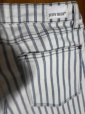 Judy Blue high-waist white blue pinstripe super flare jeans raw hem size 30. thumbnail 6