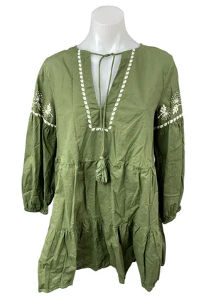 ZARA Green Embroidered Tiered 3/4 Sleeve V Neck Tassels Mini A-Line Dress Size S thumbnail 1