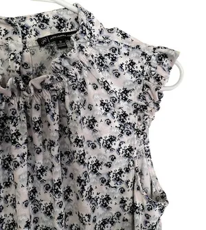 Adrianna Papell white and blue floral high neckline ruched formal business top thumbnail 2