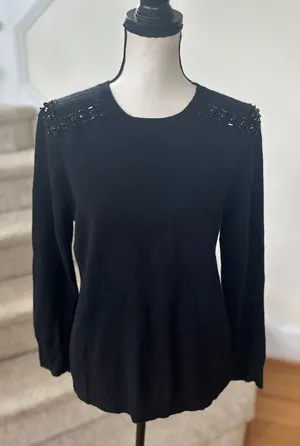 J.Crew Wool Cashmere Navy & Black Embellished Shoulder Crewneck Sweater thumbnail 1