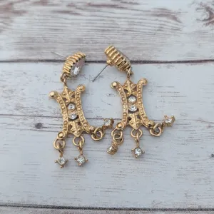 Vintage Earrings for Pierced Ears Ornate Gold Tone & Clear Gem Statement Dangle thumbnail 6