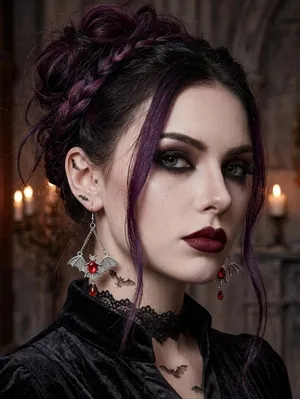 Gothic Bat Wing Vibrant Red Synthetic Gemstone Drop Earrings‎ Silver Plated thumbnail 1