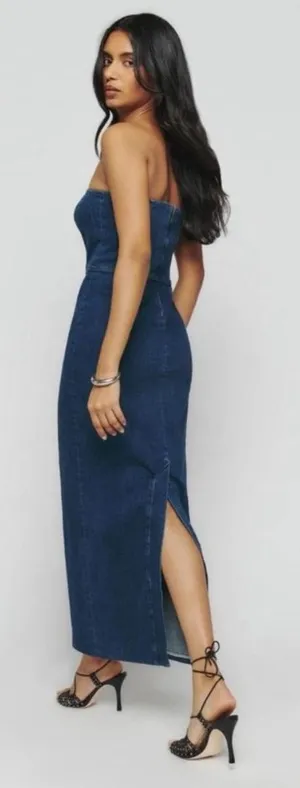 NWT Reformation Jeans Eugenia Denim Strapless Midi Dress Simcoe Blue Women's 2 thumbnail 1