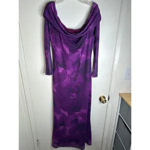 MEROKEETY Off-Shoulder Watercolor Floral Mesh Purple Maxi Dress Sheer Overlay XL thumbnail 3