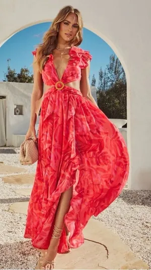 VICI Carlita Ruffle Cutout Maxi Dress Red Pink Tropical Size Medium M thumbnail 1