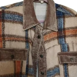 POL Collared Button Down Plaid Shacket Size L Beige Blue Orange thumbnail 3