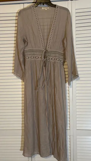 Rebellion Again Kimono Maxi Dress Beige Lace Trim Tie‎ Waist Long Sleeve size 2 thumbnail 1