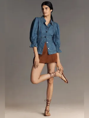 By Anthropologie Puff-Sleeve Denim Buttondown Shirt Size Small thumbnail 2