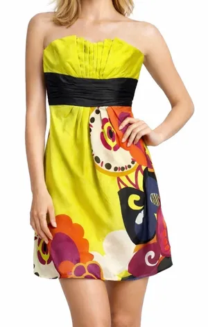 Kay Unger Y2K Dress 14 Chartreuse Yellow‎ Strapless Silk Floral Pleated Cocktail thumbnail 1