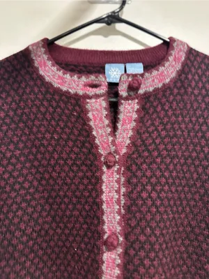 VTG Frost Fair Isle Sz:M geometric knit burgundy/pink Wool Cottagecore cardigan. thumbnail 8