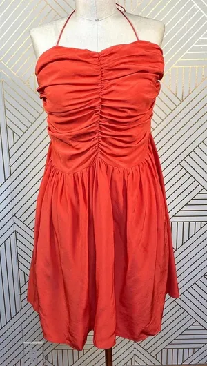 Tucker‎ Red Silk Ruched Smocked Halter Dress thumbnail 1
