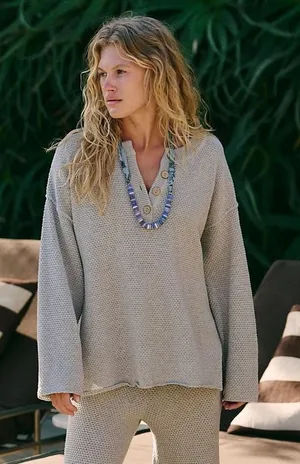 Free People FP Beach Hailee Sweater XS Gray Waffle Knit Henley Oversized Cotton thumbnail 1