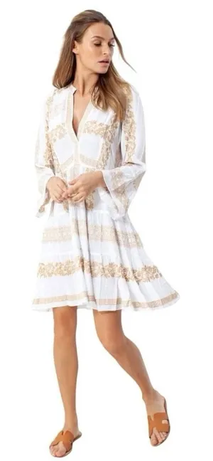 Hale Bob White Gold Embroidered Boho V Neck Tiered Gauze Taliah Dress MEDIUM thumbnail 1