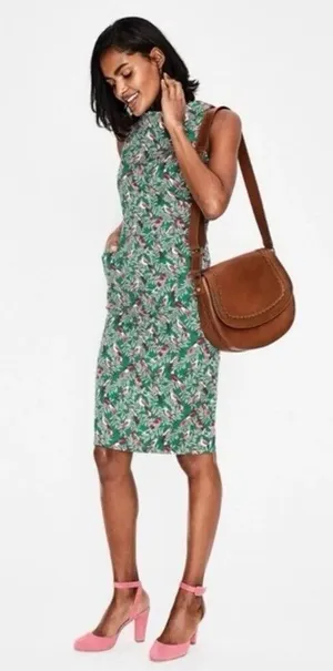 Boden EUC Women's Martha Seam Detail Dress Green Bird Print Size 6R thumbnail 1