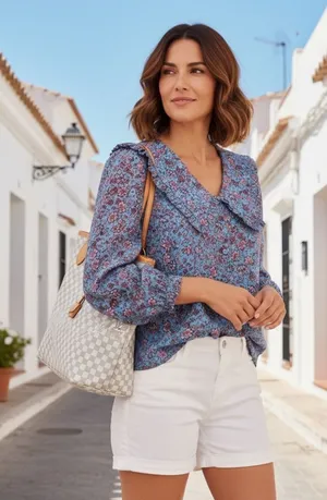 Mango NWT Floral Ruffle Peter Pan Collar Blouse 10 EcoVero Sustainable Boho Blue thumbnail 1