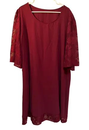Women's Plus Size 3XL Midi Dress Burgundy Lace Sleeves Hem Scoop Neck 3/4 Sleeve thumbnail 1