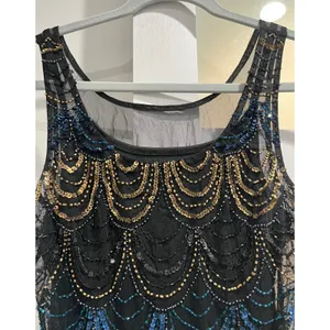 Vintage Art‎ Deco Beaded Scallop Mini Dress Navy Gold Iridescent Flapper thumbnail 5