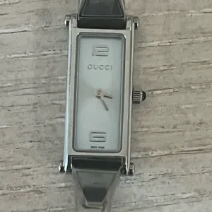 Gucci Silver and Gold Rectangular Watch with Metal Link Band thumbnail 4