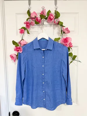 J. McLaughlin 100% Linen Blue Button Down Shirt Coastal Quiet Luxury XS thumbnail 2