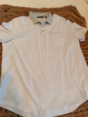 TravisMathew Men’s XXL White Pima Cotton Blend Golf Polo Gray Collar Pocket Shirt thumbnail 1