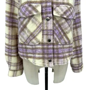 Zara Cropped Plaid Jacket Shacket Purple Cream‎ Size Large thumbnail 5