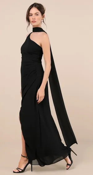 NWT Lulus Adeline Black One-Shoulder Scarf Maxi Dress Bridesmaid Banquet Size S thumbnail 1