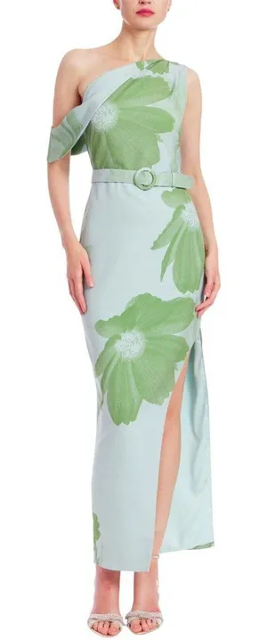 NWT Jewel by Badgley Mischka Print One Cold Shoulder Dress Gown Green / Multi 16 thumbnail 1