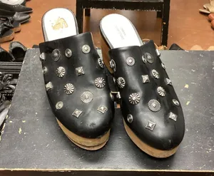 URBAN OUTFITTERS 70s Style Wooden Clog Mules, Blairwood Silver Studded size 6 thumbnail 1