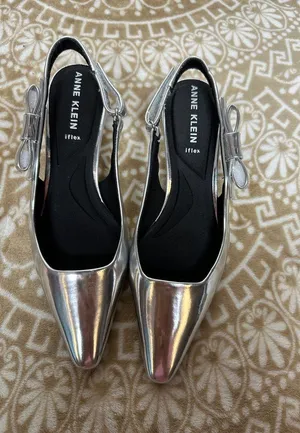 Anne Klein Metallic Silver Pointed Slingback pumps with Bow thumbnail 1