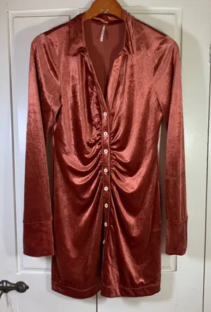 Free People‎ Rust Velvet Ruched Button Down Mini Dress Fall Medium Bodycon Party thumbnail 1
