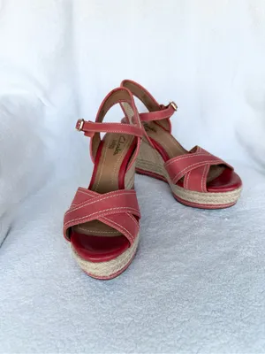 Clarks Coral /Beige Leather Wedge Espadrille Sandals Ankle Strap Buckle 6.5 thumbnail 10