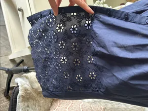 Boho western cottage navy cotton Beaded button down v neck blouse tank top M thumbnail 4