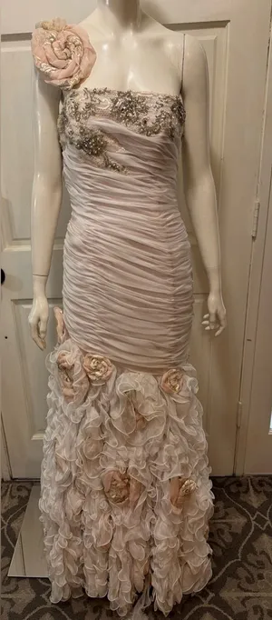 Mac Duggal Strapless Blush Pink Floral Ruffle Mermaid Gown Size 8 thumbnail 1