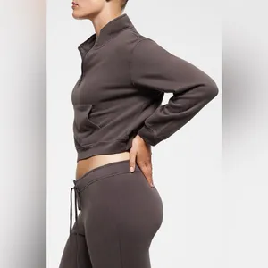 Skims Half Zip Sweater Cropped French Terry Pullover Chocolate Brown Size Small thumbnail 3