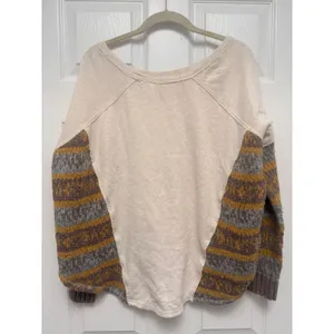 Free People Beautiful Sinner Pullover Sweater Cream Mixed Knit Striped Small thumbnail 2