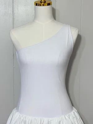 COMMENSE One Shoulder Ribbed Bodice Bubble Mini Dress White Size S NWT thumbnail 2
