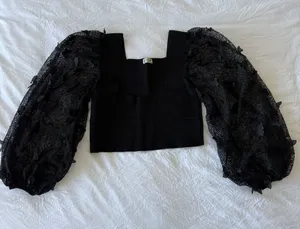 Free People Black Puff-Sleeve Cropped Square-Neck Top with Butterfly Detail thumbnail 1