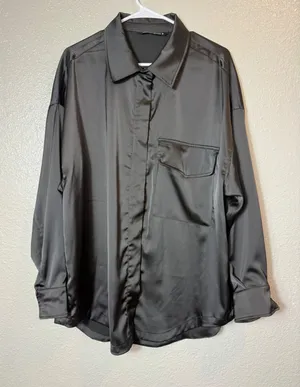 ZARA Black Satin Button Front Shirt Blouse Oversized XL thumbnail 1