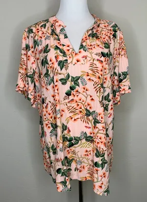 LOFT Peach Floral Blouse Crinkle Fabric Sz XL 100% Viscose thumbnail 1