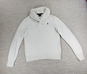 Ralph Lauren Sport Shawl Collar Sweater Womens Small White Preppy Blue Pony thumbnail 1