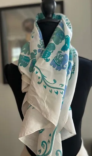 Edinburgh Vintage Shop Elephant Scarf Cream Blue Green Silky Square Scarf thumbnail 1