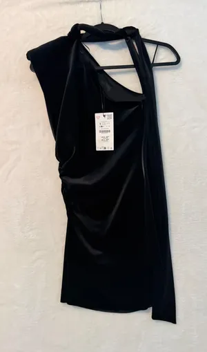 Zara Black One Shoulder Ruched Satin Mini Dress with Tie Detail NWT Size‎ S thumbnail 1
